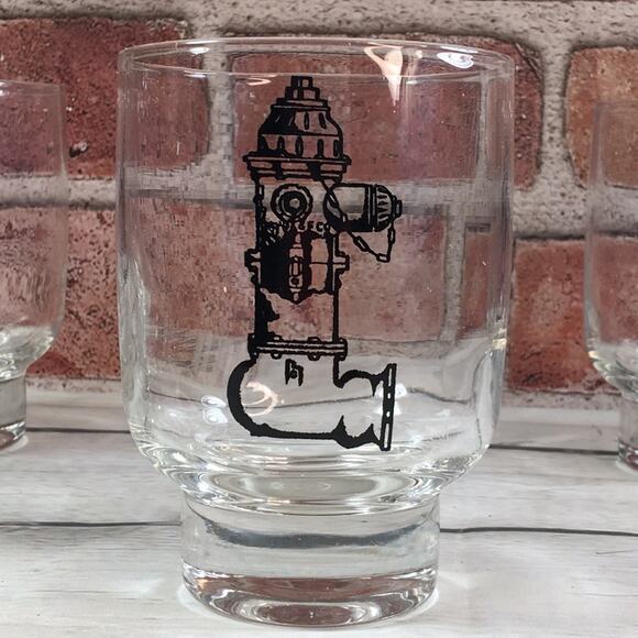 4 Heavy Bottom 10-ounce Low-Ball Glasses with Fire Hydrant Images Firefighter - Picture 1 of 8